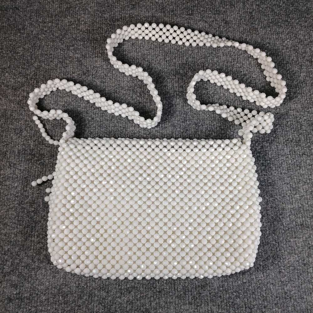 White Beaded Shoulder Bag Pearl Purse Y2K Retro Bouffants Hearts - Picture 4 of 7